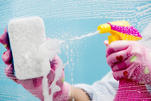 Trained carpet cleaner using equipment with protective gear