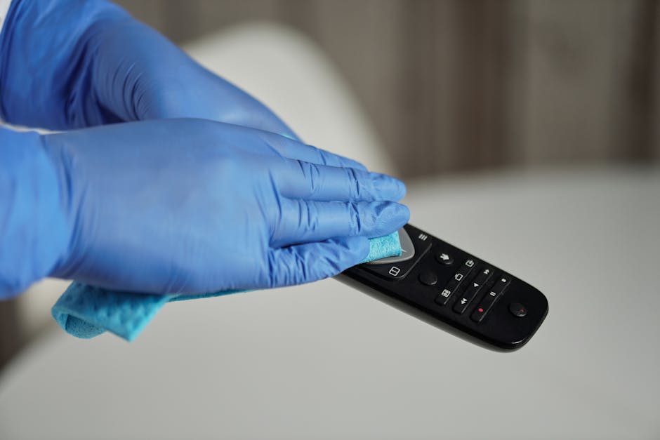 Close-up of a person wearing blue rubber gloves using a white cloth to clean a smooth, light-colored surface, with a spray bottle of cleaning solution held in the other hand. The scene is well-lit, hi